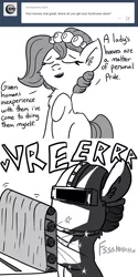 Size: 825x1650 | Tagged: safe, artist:tjpones, derpibooru import, oc, oc:brownie bun, unofficial characters only, horse wife, ask, belt sander, hooficure, monochrome, onomatopoeia, solo, tumblr, welding mask