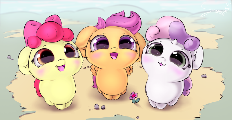 Size: 4020x2087 | Tagged: safe, artist:sverre93, derpibooru import, apple bloom, scootaloo, sweetie belle, earth pony, pegasus, pony, unicorn, :3, :d, adorabloom, blushing, chibi, cute, cutealoo, cutie mark crusaders, cutie mark cuties, daaaaaaaaaaaw, diabetes, diasweetes, female, filly, flower, fluffy, hnnng, small horn, sverre is trying to murder us, weapons-grade cute, you are already dead