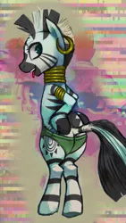 Size: 507x900 | Tagged: suggestive, artist:crookedtrees, derpibooru import, edit, zecora, zebra, clothes, green underwear, jewelry, panties, tongue out, underwear