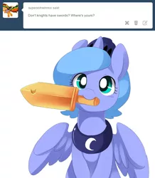 Size: 712x818 | Tagged: artist:ende26, c:, cute, derpibooru import, ende will be the end of us, filly, looking at you, lunabetes, mouth hold, nom, princess luna, safe, sitting, smiling, solo, spread wings, sword, wooden sword, woona, woona knight