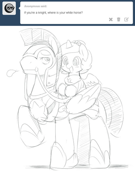 Size: 500x646 | Tagged: armor, artist:ende26, ask, bit, cute, derpibooru import, filly, frown, happy, hoof hold, monochrome, open mouth, ponies riding ponies, princess luna, raised hoof, reins, royal guard, safe, sigh, sketch, smiling, tumblr, unamused, woona, woona knight