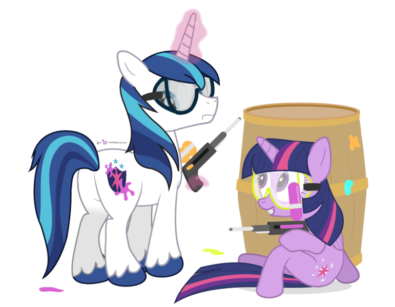 Size: 900x700 | Tagged: safe, artist:dm29, derpibooru import, shining armor, twilight sparkle, twilight sparkle (alicorn), alicorn, pony, unicorn, barrel, brother and sister, cute, duo, female, incorrect leg anatomy, male, paintball, paintball gun, plot