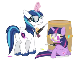 Size: 900x700 | Tagged: safe, artist:dm29, derpibooru import, shining armor, twilight sparkle, twilight sparkle (alicorn), alicorn, pony, unicorn, barrel, brother and sister, cute, duo, female, incorrect leg anatomy, male, paintball, paintball gun, plot