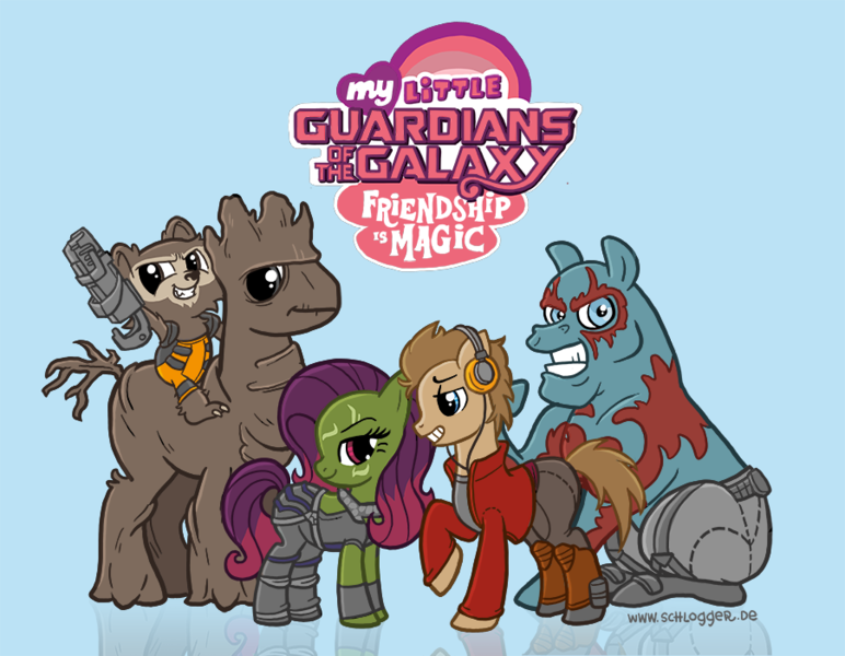 Size: 902x701 | Tagged: artist:theschlogger, derpibooru import, drax the destroyer, gamora, groot, guardians of the galaxy, ponified, rocket raccoon, safe, star-lord