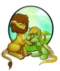 Size: 885x1050 | Tagged: safe, artist:farcuf, derpibooru import, oc, oc:farcuf, oc:soft paw, unofficial characters only, big cat, lion, pegasus, pony, africa, animal, colored wings, colored wingtips, crying, cutie mark, ear fluff, frown, helping, hoof hold, lidded eyes, looking at you, raised paw, sad, simple background, sitting, story, transparent background, wavy mouth, wing fluff