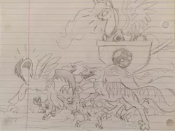 Size: 600x449 | Tagged: safe, artist:zigragirl, derpibooru import, princess celestia, oc, oc:cloud swarmer, alicorn, dinosaur, pegasus, pony, velociraptor, chase, female, lined paper, male, mare, monochrome, pencil drawing, podium, screaming, sketch, stallion, traditional art