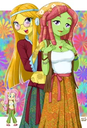 Size: 723x1066 | Tagged: safe, artist:uotapo, derpibooru import, fluttershy, tree hugger, wheat grass, equestria girls, belly button, blushing, breasts, busty fluttershy, busty tree hugger, cleavage, equestria girls-ified, female, hippie, hippieshy, midriff, sandals, tattoo