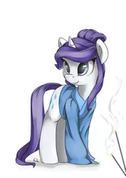 Size: 4961x7016 | Tagged: safe, artist:candylux, derpibooru import, rarity, pony, unicorn, :t, absurd resolution, atryl-ish, chinese text, clothes, cute, incense, long sleeves, shirt, smiling, solo, standing