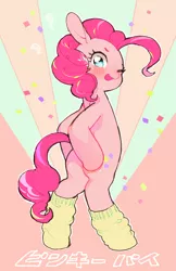 Size: 958x1479 | Tagged: dead source, safe, artist:hotomura, derpibooru import, pinkie pie, pony, :p, bipedal, blushing, clothes, cute, diapinkes, japanese, socks, solo, tongue out, wink