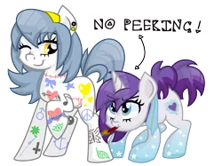 Size: 4267x3200 | Tagged: safe, artist:partylikeanartist, derpibooru import, oc, oc:indigo wire, oc:open canvas, unofficial characters only, pony, unicorn, competition, contest, couple, double, gradient legs, headband, mascot, paint, paint on fur, paintbrush, piercing, simple background, tattoo, transparent background