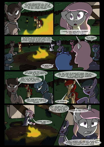 Size: 1240x1754 | Tagged: artist:lunarcakez, cewestia, comic, comic:the origins of hollow shades, derpibooru import, filly, fire, night, oc, oc:daydream, oc:june, oc:scarlett rain, oc:soliloquy, oc:taurus, pink-mane celestia, princess celestia, princess luna, safe, woona, younger