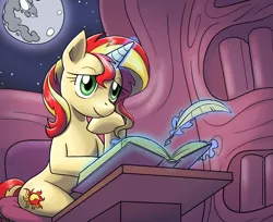 Size: 1636x1332 | Tagged: safe, artist:nauth, derpibooru import, sunset shimmer, pony, unicorn, backwards cutie mark, book, library, moon, quill, solo