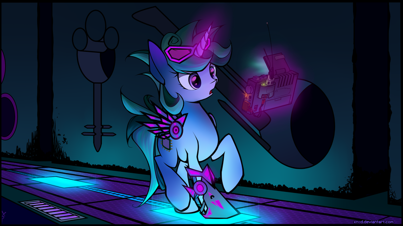 Size: 2560x1440 | Tagged: safe, artist:xn-d, derpibooru import, oc, oc:zenith flare, unofficial characters only, pony, unicorn, cassette player, commission, cyberpunk, scanner, solo