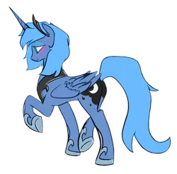 Size: 700x690 | Tagged: safe, artist:egophiliac, artist:rinku, color edit, derpibooru import, edit, princess luna, alicorn, pony, blushing, colored, crown, female, hoof shoes, jewelry, looking away, mare, peytral, plot, raised hoof, regalia, s1 luna, simple background, smiling, solo, transparent background