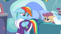 Size: 640x360 | Tagged: semi-grimdark, artist:superedit, derpibooru import, edit, edited screencap, screencap, rainbow dash, scootaloo, tanks for the memories, animated, bad end, bathrobe, big sister, bittersweet, clothes, crying, cute, dashabetes, dashie slippers, feels, floppy ears, implied death, nightgown, nuzzling, prone, robe, scootalove, sisterly love, slippers, smiling, talking, tearjerker, the great and powerful superedit, this ended in tears, this will end in tears and/or death, we are going to hell, woobie