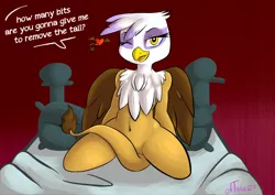 Size: 1200x848 | Tagged: suggestive, artist:atane27, derpibooru import, gilda, anthro, gryphon, bed, bedroom eyes, belly button, covering, dialogue, female, flirting, heart, image, jpeg, leaning, leaning back, looking at you, mischievous, on bed, one eye closed, pillow, solo, solo female, tail covering, talking to viewer, teasing, wink, winking at you