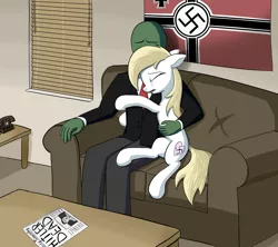Size: 1800x1600 | Tagged: adolf hitler, anonymous, artist:gsuus, comforting, crying, derpibooru import, feels, hitler did nothing wrong, hug, human, nazi, newspaper, oc, oc:anon, oc:aryanne, safe, swastika, unofficial characters only