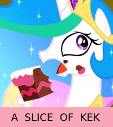 Size: 296x334 | Tagged: cake, cakelestia, derpibooru import, forty keks, frown, hoof hold, kek, meme, open mouth, princess celestia, reaction image, safe, solo, wide eyes