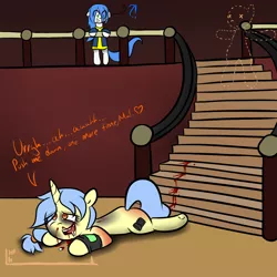 Size: 1200x1200 | Tagged: artist:fullmetalpikmin, blood, bruised, climacophilia, derpibooru import, falling downstairs fetish, fallout, fallout equestria, masochism, oc, oc:mal, oc:viewing pleasure, semi-grimdark, tumblr:ask viewing pleasure, unofficial characters only