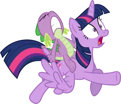 Size: 3573x3085 | Tagged: safe, artist:porygon2z, derpibooru import, spike, twilight sparkle, twilight sparkle (alicorn), alicorn, dragon, pony, castle sweet castle, dragons riding ponies, female, mare, riding, riding a pony, simple background, transparent background, vector, wing pull