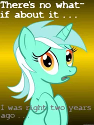 Size: 625x833 | Tagged: safe, derpibooru import, lyra heartstrings, pony, unicorn, conspiracy lyra, context is for the weak, exploitable meme, gradient background, looking at you, meme, meta, open mouth, that's gr8 m8