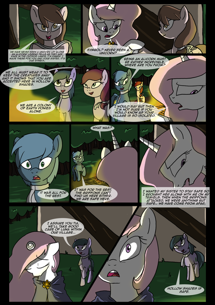 Size: 1240x1754 | Tagged: artist:lunarcakez, cewestia, comic, comic:the origins of hollow shades, derpibooru import, female, filly, fire, night, oc, oc:daydream, oc:ember, oc:scarlett rain, oc:soliloquy, oc:taurus, pink-mane celestia, princess celestia, safe, younger