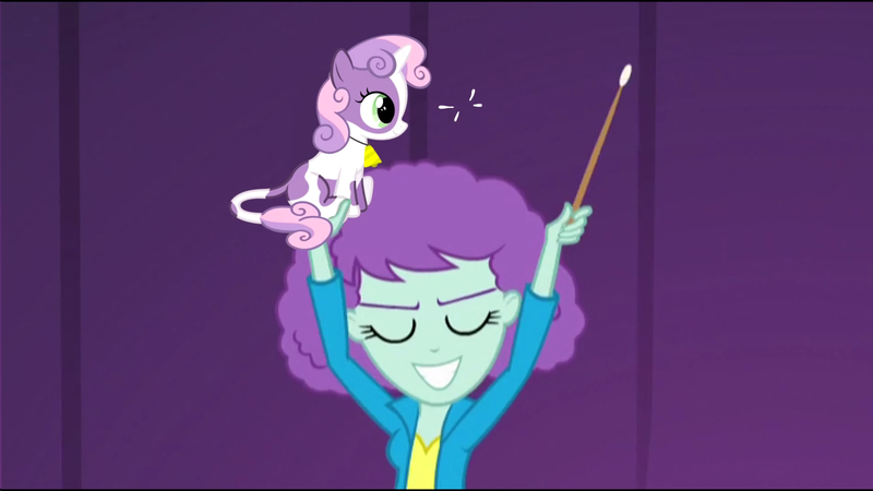Size: 1920x1080 | Tagged: safe, artist:dtkraus, artist:klystron2010, derpibooru import, edit, edited screencap, screencap, blueberry pie, sweetie belle, cow pony, equestria girls, rainbow rocks, background human, barry allen repeatedly crashes into a sparkling toilet, cowbelle, explicit source, pun, species swap, visual pun, youtube poop