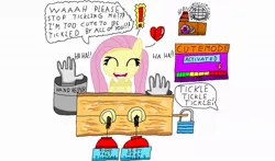 Size: 1167x684 | Tagged: 1000 hours in ms paint, artist:rainofbladess, belly button, colorful, derpibooru import, feather, fetish, fluttershy, kindness, laughing, ms paint, safe, solo, tickle fetish, tickling, tickling machine, writing