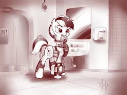 Size: 3072x2304 | Tagged: safe, artist:anti1mozg, derpibooru import, oc, oc:blackjack, unofficial characters only, pony, unicorn, fallout equestria, fallout equestria: project horizons, fanfic, bedroom eyes, clothes, cuffs, cutie mark, fanfic art, female, hooves, horn, mare, monochrome, pipbuck, solo, teeth, vault suit