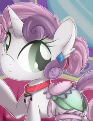 Size: 992x1292 | Tagged: artist:sip, collar, derpibooru import, garter, saddle, safe, solo, sweetie belle