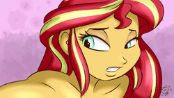 Size: 704x396 | Tagged: suggestive, artist:ponut_joe, derpibooru import, sunset shimmer, equestria girls, animated, bedroom eyes, breathing, explicit source, female, frame by frame, gritted teeth, implied sex, looking back, nudity, open mouth, paint tool sai, panting, solo, solo female, sunset-iac