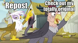 Size: 1920x1064 | Tagged: safe, derpibooru import, edit, screencap, gilda, grampa gruff, gryphon, the lost treasure of griffonstone, blind eye, discovery family logo, duo, eye scar, female, fez, frown, gilda is not amused, hat, image macro, imitation, looking at you, male, meme, meta, open mouth, pointing, scar, smiling, unamused