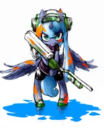 Size: 834x1024 | Tagged: safe, artist:toki, derpibooru import, princess luna, inkling, pony, semi-anthro, gamer luna, bipedal, e-liter 3k, solo, splatoon