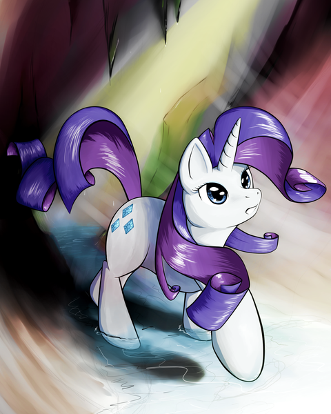 Size: 1600x2000 | Tagged: safe, artist:ruby, derpibooru import, rarity, pony, unicorn, cave, female, looking up, raised hoof, solo, stalactite, water