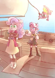 Size: 2893x4092 | Tagged: safe, artist:sony-shock, derpibooru import, diamond tiara, spike, sweetie belle, equestria girls, action pose, bondage, boots, cannon, clothes, damsel in distress, female, male, missing shoes, peril, pirate, pirate ship, plank, ponied up, pony ears, rope, shipping, shoes, socks, spikebelle, story in the source, straight, sword, teary eyes, tied up