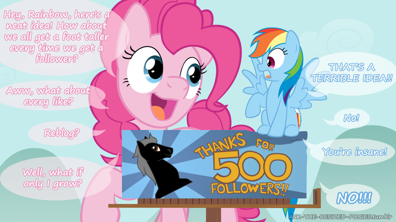 Size: 1280x720 | Tagged: safe, artist:pegachess, derpibooru import, pinkie pie, rainbow dash, pony, ask the resized ponies, billboard, followers, giant pony, giantess, macro