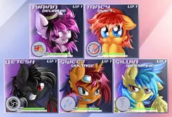 Size: 1280x873 | Tagged: safe, artist:knifeh, derpibooru import, oc, oc:qetesh, oc:silvia, oc:sweet voltage, oc:tracy swift, oc:tyrian delirium, unofficial characters only, bat pony, earth pony, pegasus, pony, unicorn, goggles, rpg