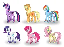 Size: 2552x1864 | Tagged: safe, artist:9de-light6, derpibooru import, applejack, fluttershy, pinkie pie, rainbow dash, rarity, twilight sparkle, twilight sparkle (alicorn), alicorn, classical unicorn, pony, alternate design, female, leonine tail, mane six, mare, tail feathers