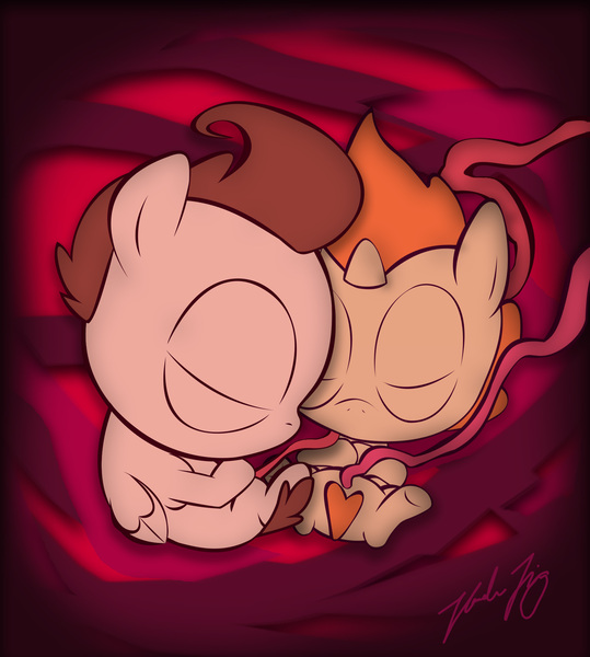 Size: 2747x3060 | Tagged: safe, artist:fawkesfriend, derpibooru import, pound cake, pumpkin cake, pegasus, pony, unicorn, amniotic fluid, cake twins, fetus, in utero, placenta, umbilical cord, uterus