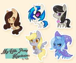 Size: 700x586 | Tagged: safe, artist:trefleix, derpibooru import, derpy hooves, octavia melody, trixie, vinyl scratch, oc, oc:chocolatine, pegasus, pony, female, keychain, mare, muffin, tongue out