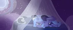 Size: 900x378 | Tagged: artist:fallingrain22, bed, derpibooru import, despair, filly, foreshadowing, moon, princess luna, sad, safe, solo, stars, woona