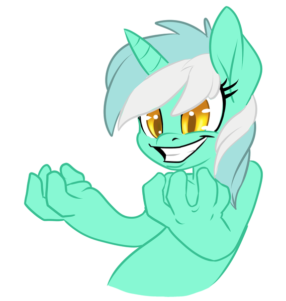 Size: 949x1000 | Tagged: safe, artist:pusspuss, derpibooru import, lyra heartstrings, pony, female, fingers, grin, hand, mare, simple background, smiling, white background