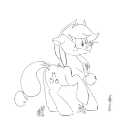 Size: 1000x1000 | Tagged: safe, artist:goat train, deleted from derpibooru, derpibooru import, applejack, oc, oc:anon, human, pony, boop, climbing, floppy ears, giant pony, macro, monochrome, raised hoof, swarm