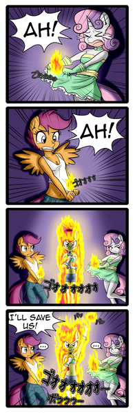 Size: 1122x3496 | Tagged: safe, artist:anibaruthecat, derpibooru import, apple bloom, scootaloo, sweetie belle, anthro, earth pony, pegasus, unicorn, apple bloomers, comic:fetish escalation, ..., 4koma, armpits, assisted exposure, bad idea, bandeau, belly button, breasts, busty apple bloom, busty scootaloo, busty sweetie belle, choker, cleavage, clothes, comic, crying, cutie mark crusaders, dialogue, dress, eyes closed, female, fire, frown, gloves, japanese, midriff, older, on fire, scared, short dress, shorts, smiling, smirk, socks, speech bubble, sweat, tanktop, thigh highs, this is fine, this will end in incineration, this will end in pain, this will end in tears and/or death, this will not end well, wavy mouth