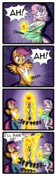 Size: 1122x3496 | Tagged: safe, artist:anibaruthecat, derpibooru import, apple bloom, scootaloo, sweetie belle, anthro, earth pony, pegasus, unicorn, apple bloomers, comic:fetish escalation, ..., 4koma, armpits, assisted exposure, bad idea, bandeau, belly button, breasts, busty apple bloom, busty scootaloo, busty sweetie belle, choker, cleavage, clothes, comic, crying, cutie mark crusaders, dialogue, dress, eyes closed, female, fire, frown, gloves, japanese, midriff, older, on fire, scared, short dress, shorts, smiling, smirk, socks, speech bubble, sweat, tanktop, thigh highs, this is fine, this will end in incineration, this will end in pain, this will end in tears and/or death, this will not end well, wavy mouth