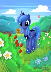 Size: 1162x1643 | Tagged: safe, artist:mysticalpha, derpibooru import, princess luna, alicorn, butterfly, pony, cloud, cute, female, flower, grass, lunabetes, mare, s1 luna, sky, solo, tree