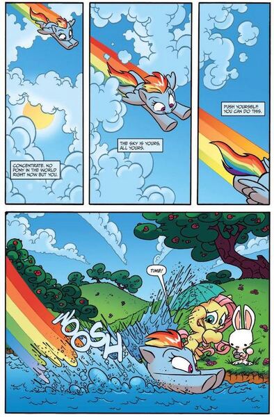 Size: 590x899 | Tagged: angel bunny, artist:jay fosgitt, cloud, cloudy, derpibooru import, fluttershy, flying, frown, idw, preview, rainbow dash, safe, splashing, spoiler:comic, spoiler:comicff18, spread wings, umbrella, water