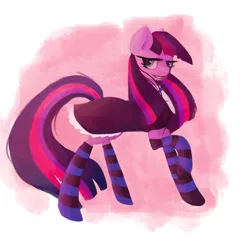 Size: 1000x1000 | Tagged: safe, artist:iheealoiv, derpibooru import, twilight sparkle, earth pony, pony, blue mane, blue tail, clothes, cosplay, goth, long mane, long tail, multicolored mane, multicolored tail, panty and stocking with garterbelt, pink mane, pink tail, purple mane, purple tail, smiling, solo, stockings, tail, thigh highs