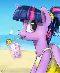 Size: 4961x6027 | Tagged: safe, artist:candylux, derpibooru import, twilight sparkle, twilight sparkle (alicorn), alicorn, pony, absurd resolution, alternate hairstyle, beach, blushing, boat, drink, drinking, female, glass, glowing horn, horn, magic, mare, ocean, ponytail, soda, solo, straw, straw in mouth, summer, telekinesis