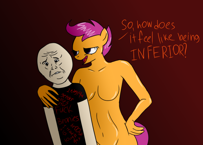 Size: 700x500 | Tagged: anthro, anti-brony, artist:sherradestrix, chickun, derpibooru import, exploitable meme, faic, forced meme, hater, internet tough guy, meme, okay face, reaction image, sad, scootachicken, scootaloo, suggestive